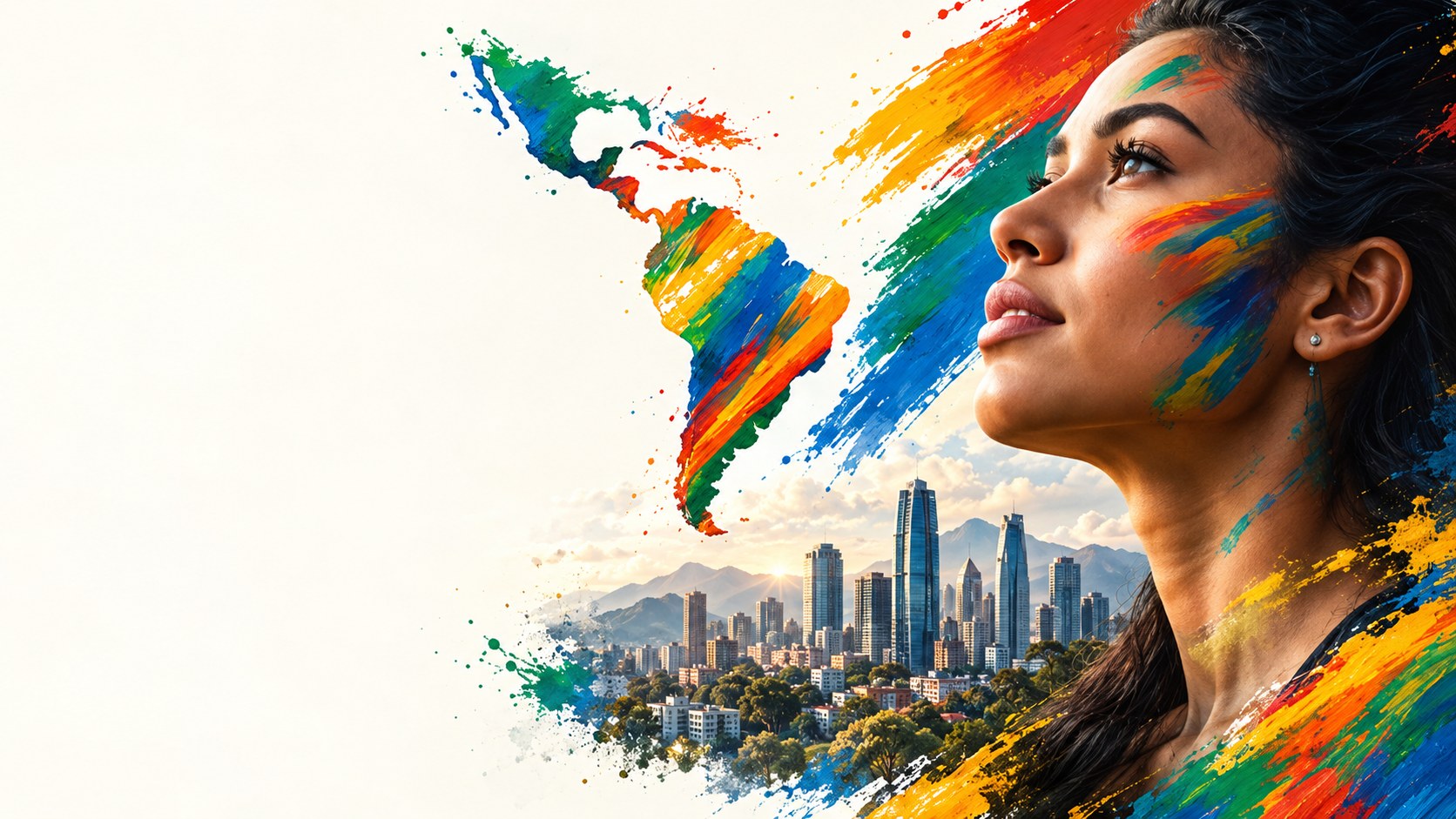 Latin American founder looking ahead beside a colorful map of Latin America