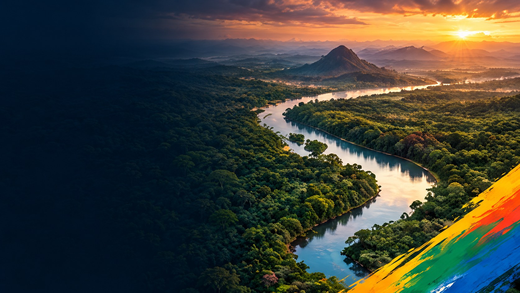 The Amazon at sunset, crossed by a winding river